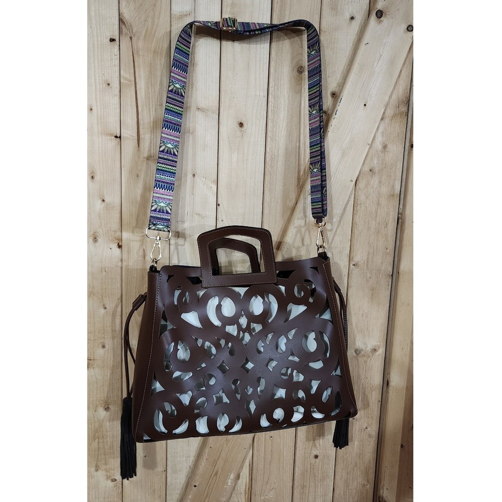 A. Bellucci Italy Brown Leather Laser Cut Tote Bag Guitar Strap‎ Tassel Handbag